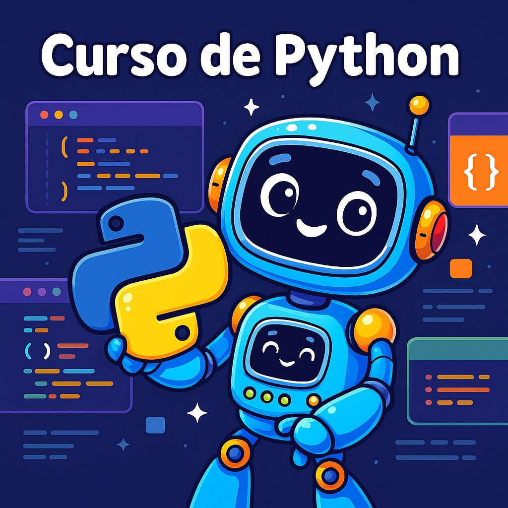 Curso de Python y videojuegos con Pygame Imagen ilustrada de una alumna programando en Python mientras Codey observa, rodeados de elementos de videojuegos retro.