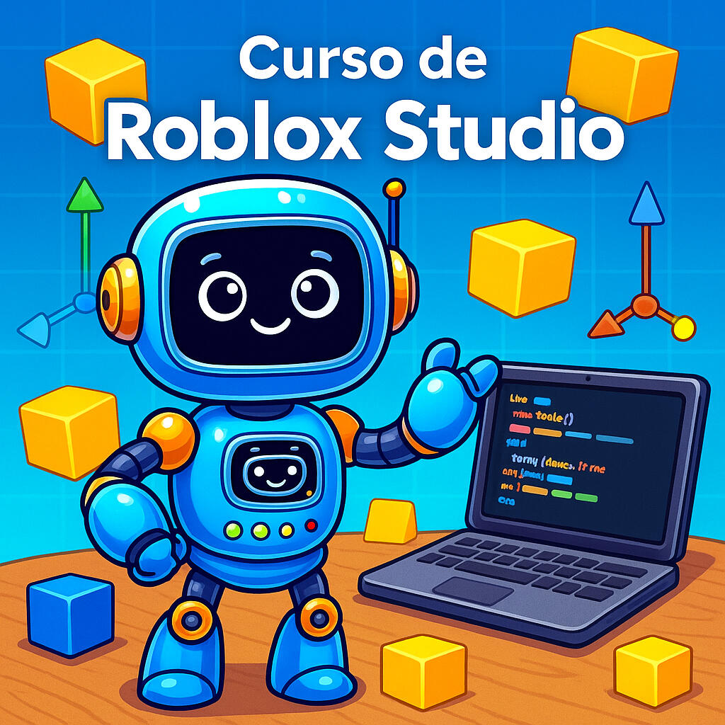 Curso de Roblox Studio para chicos Ilustración colorida de un niño programando con Roblox Studio, acompañado de Codey, la mascota de CodiLab.