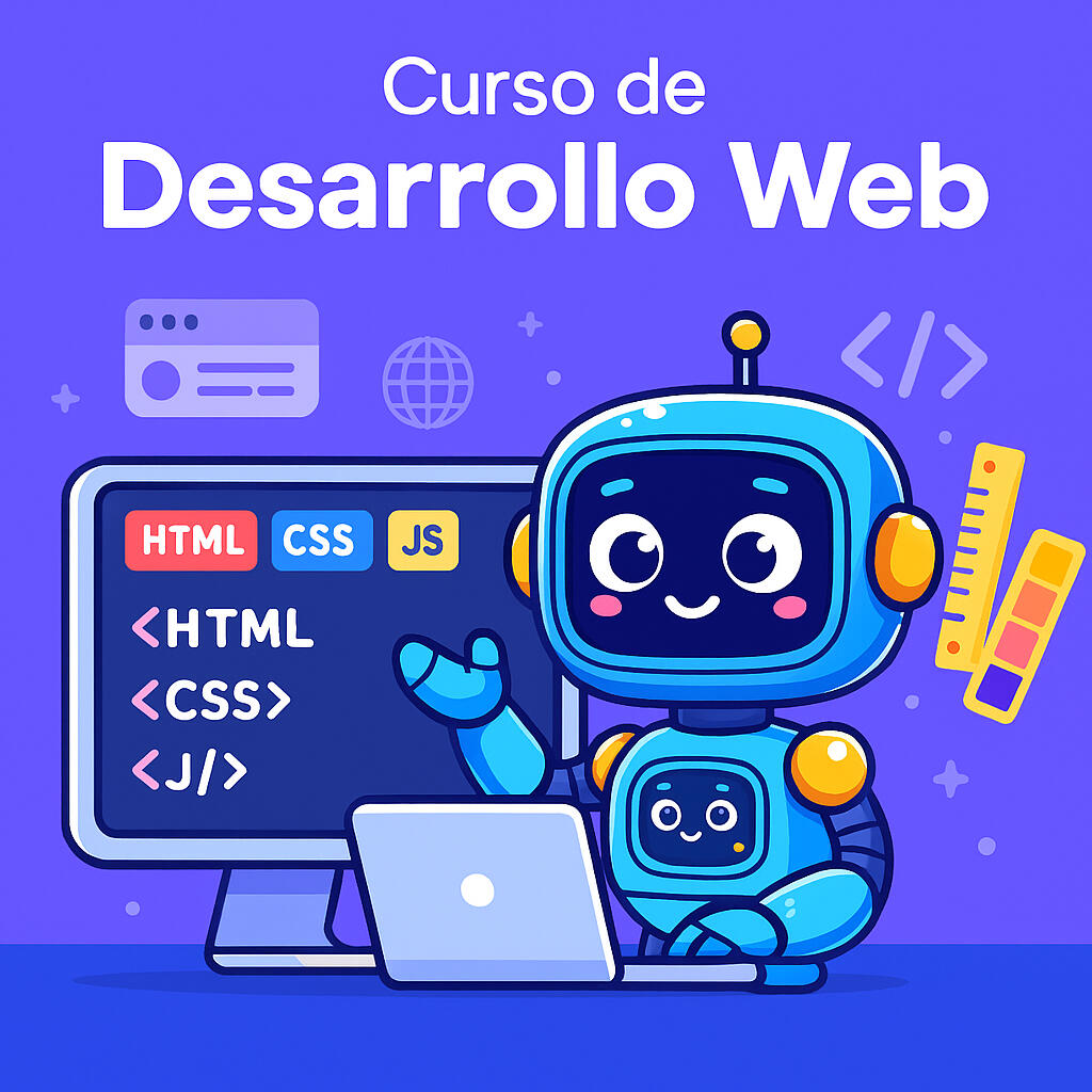 Curso de Desarrollo Web para jóvenes Imagen cuadrada de Codey enseñando diseño web en una computadora, con íconos de HTML, CSS y JS flotando.