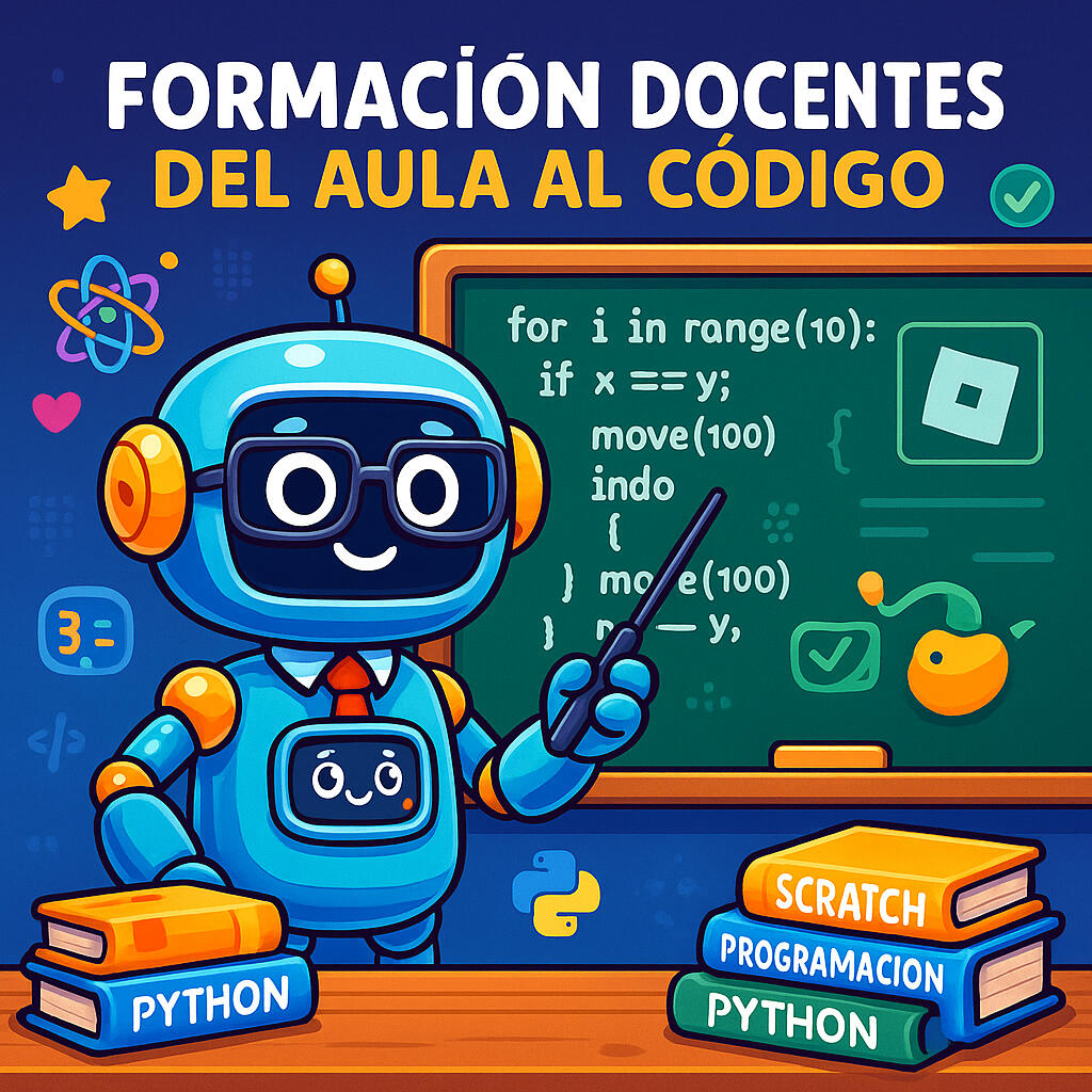 Codey enseña programación a docentes en CodiLab Ilustración cuadrada en 2D de Codey, el personaje de CodiLab, caracterizado como un profesor. Aparece frente a una pantalla digital explicando conceptos de programación a un grupo de docentes adultos. El entorno es moderno y educativo, ideal para promocion