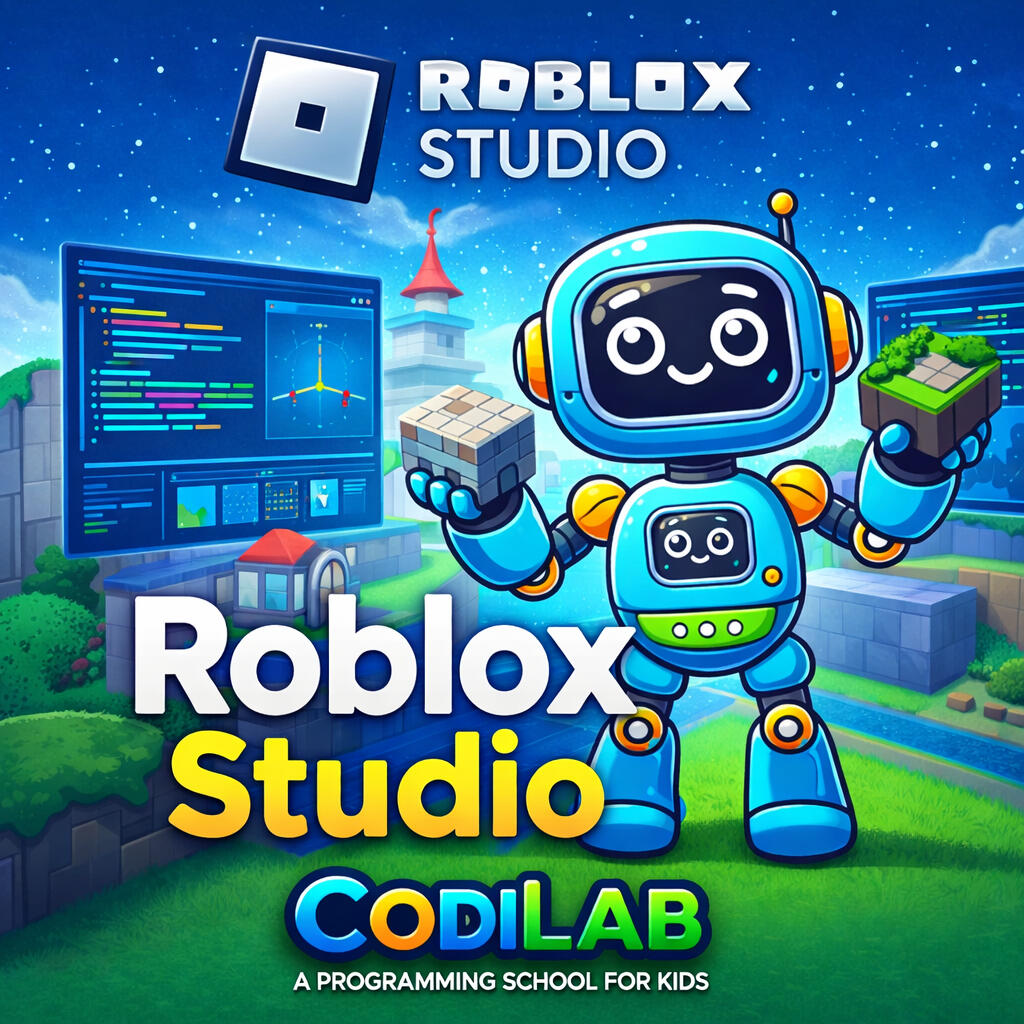 Ilustración cuadrada en 2D de Codey, el personaje de CodiLab, caracterizado como un profesor. Aparece frente a una pantalla digital explicando conceptos de programación a un grupo de docentes adultos. El entorno es moderno y educativo, ideal para promocion