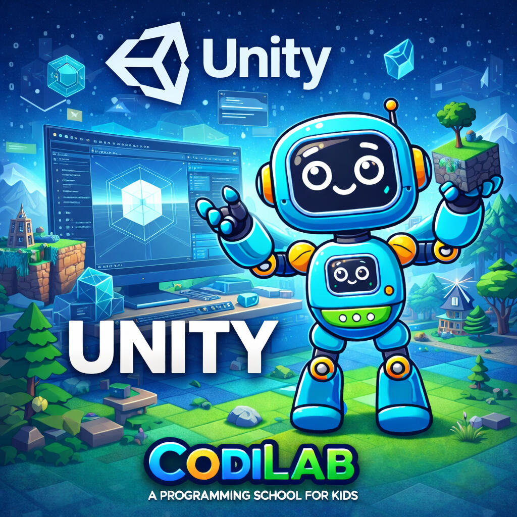 Ilustración cuadrada en 2D de Codey, el personaje de CodiLab, caracterizado como un profesor. Aparece frente a una pantalla digital explicando conceptos de programación a un grupo de docentes adultos. El entorno es moderno y educativo, ideal para promocion