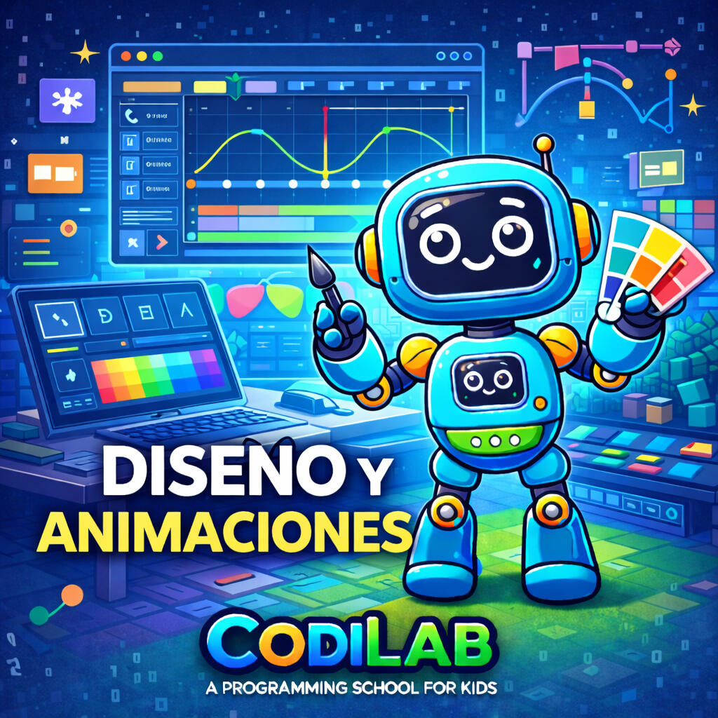 Ilustración cuadrada en 2D de Codey, el personaje de CodiLab, caracterizado como un profesor. Aparece frente a una pantalla digital explicando conceptos de programación a un grupo de docentes adultos. El entorno es moderno y educativo, ideal para promocion
