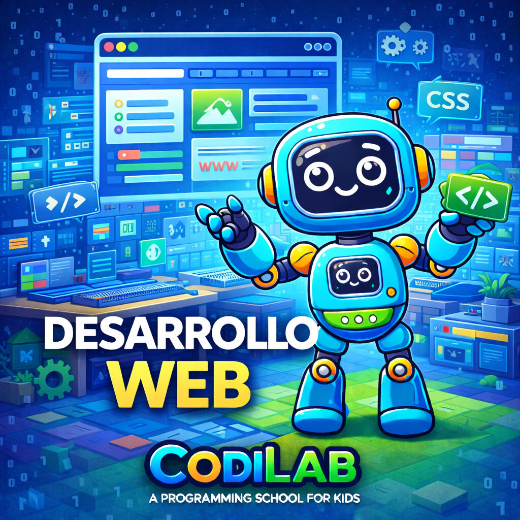 Ilustración cuadrada en 2D de Codey, el personaje de CodiLab, caracterizado como un profesor. Aparece frente a una pantalla digital explicando conceptos de programación a un grupo de docentes adultos. El entorno es moderno y educativo, ideal para promocion